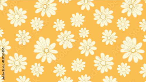 Seamless floral pattern featuring various sizes of white daisies scattered over a bright yellow background for a summery feel.