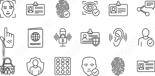 Biometric facial recognition and digital identity security icon set with iris scanning voice verification passport control and privacy protection symbols.