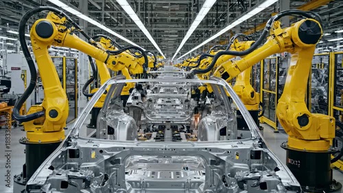 A robotic production line at an automobile plant. Robotic arms assemble and weld car bodies