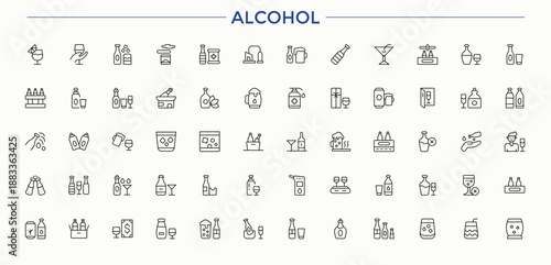 Alcohol icon set in linear style. Contains such icons as vodka, cocktail, whiskey, beer, bar and more. Whiskey simple icon set. Minimal linear icons. Signs for web and mobile app.