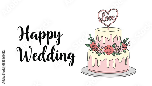 Two tier pink wedding cake decorated with flowers and a heart shaped love topper next to Happy Wedding text.