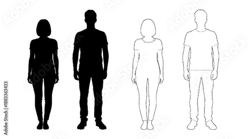 Black and white silhouettes of people standing