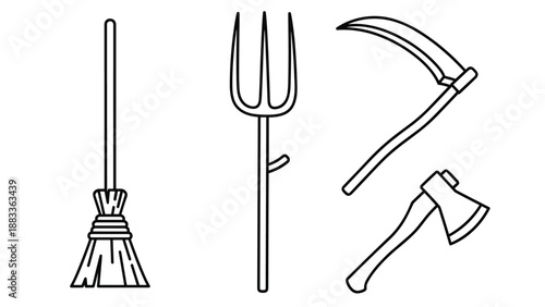 Collection of traditional farming and garden tools including a broom, pitchfork, scythe, and an axe in line art style.