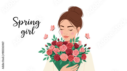 Beautiful girl with brown hair in a bun holding a large bouquet of pink and red roses with pink butterflies flying.