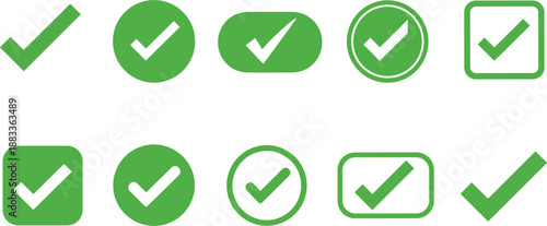Green check mark icon set for approved checklist success confirmation and web interface design with circle and square button shapes