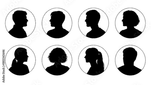 Set of eight black human head silhouettes in circles