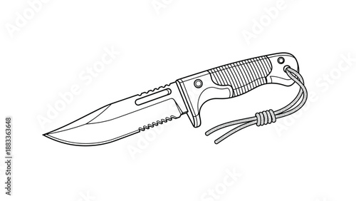 Detailed line art illustration of a tactical hunting knife with a serrated blade and a paracord lanyard shown on a plain white background.