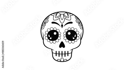 Black and white sugar skull calavera illustration with decorative floral patterns and large eyes for the day of the dead celebration event.