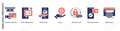 Seamless Online Transactions web banner icon vector illustration featuring Contactless Payment, Online Reservation, Online Order, Service, Reset Password, Online Reservation, and Web Browser.