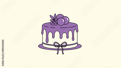 Elegant cream cake topped with dripping purple frosting and round fruit decorations resting on a light purple serving plate for a party.