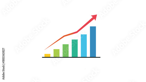 Colorful bar chart showing business growth with various heights and a red arrow pointing upwards on a clean white background for a report.