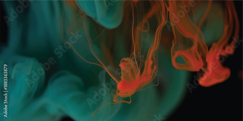 Vibrant orange and red flowers emerge from a dark background with flowing smoke and fire patterns, creating an artistic design of burning heat and smooth energy waves in motion