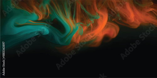 Smooth abstract fractal background featuring a colorful wave of blue smoke and flowing fire swirls with light motion on a dark black texture design