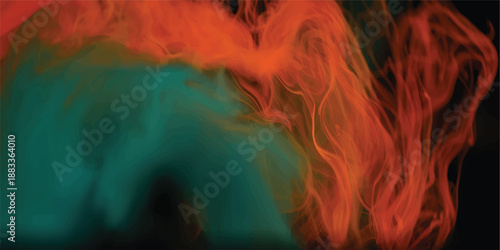 An abstract art texture of burning red and orange fire flames reflecting in blue water with an explosion of hot energy and smoke against a black background