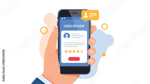 Human hand holding a smartphone displaying a user review page with a profile picture, text feedback, and a five-star rating icon graphic.