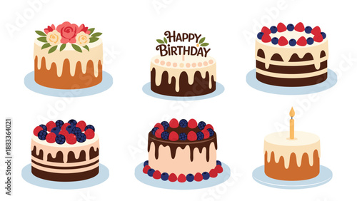 Collection of six various decorated celebration cakes featuring fruit toppings, dripping chocolate frosting, and happy birthday greetings.