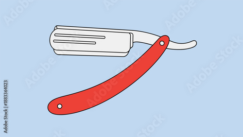 Classic straight razor with a sharp silver blade and a bright red handle resting against a solid light blue background for barber shops.