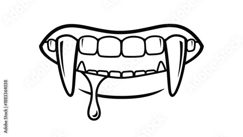Black and white line art of vampire fangs and mouth with a single drop of blood dripping from the lower lip for a spooky halloween theme.