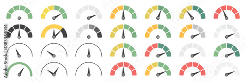 Speedometer gauge vector, performance indicator icons, speed dial, dashboard arrows, low and high barometers, green and red metrics, risk and progress infographic, vector scale illustration