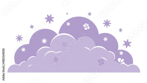 Stylized purple and lavender clouds decorated with various white stars and floral elements on a clean white background for a nursery theme.