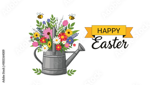 Happy easter greeting card featuring a grey metal watering can filled with vibrant spring flowers and buzzing bees on a white background.