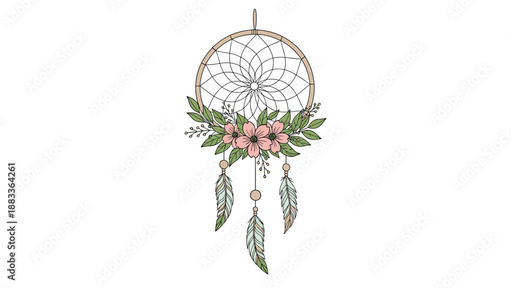 Obraz premium Beautiful hand drawn dreamcatcher decorated with pink flowers and green leaves hanging with soft feathers in a bohemian style.