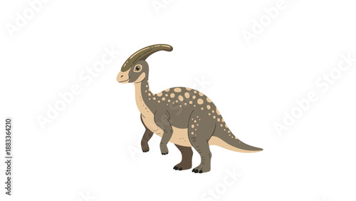 Brown and beige parasaurolophus dinosaur with a long head crest and white spots standing in a side view on a clean white background.
