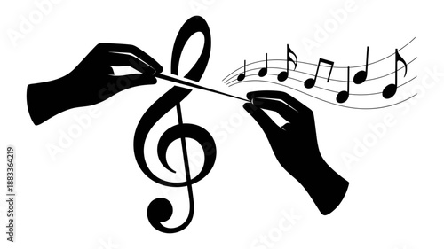 Musical conducting hands with treble clef and notes