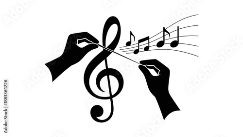 Orchestral conductor leading music with a treble clef and notes