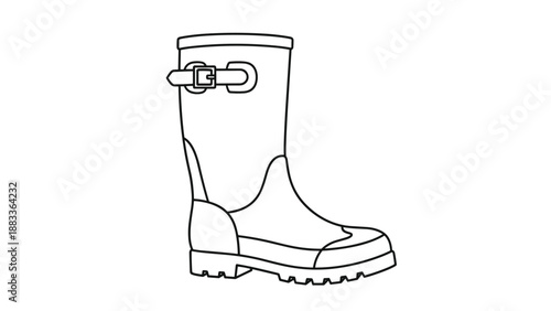 Black and white line art illustration of a tall waterproof rubber boot with a buckle and a textured sole for gardening in rainy weather.