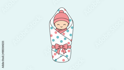 Cute newborn baby wrapped in a white polka-dot swaddle blanket with a pink bow and wearing a matching pink beanie on a light blue background.