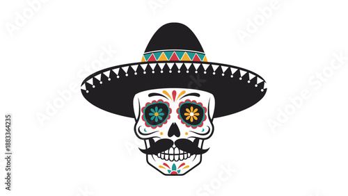 Decorative Mexican sugar skull calavera wearing a large black sombrero hat and featuring a bold black mustache on a plain white background.
