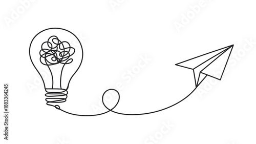 Light bulb with tangled lines inside connected to a paper airplane by a string