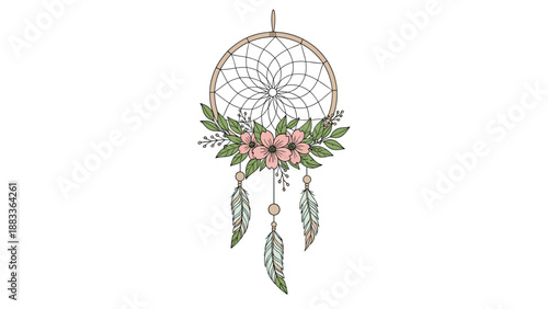 Beautiful hand drawn dreamcatcher decorated with pink flowers and green leaves hanging with soft feathers in a bohemian style.
