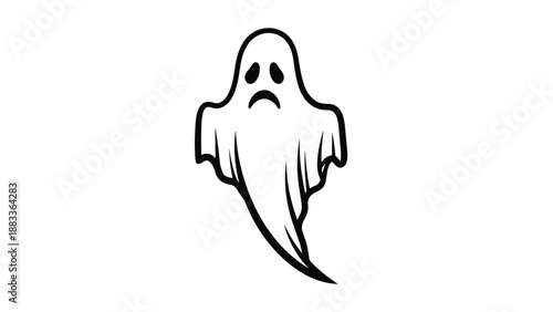 Simple black and white illustration of a sad ghost with a drooping expression floating against a plain white background for halloween.