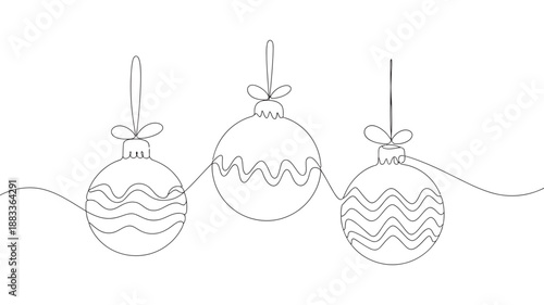 Minimalist line art of three christmas ornaments hanging