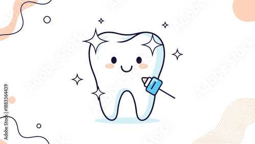 Cheerful cartoon tooth mascot with a happy face and sparkling stars representing good dental health and hygiene on a soft background.