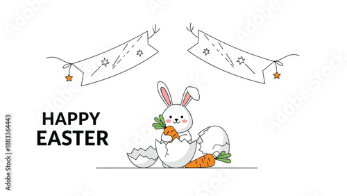 Cute white easter bunny sitting in a cracked eggshell holding a carrot under decorative banners with stars for holiday greeting.