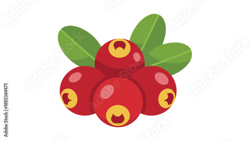 Group of ripe red cranberries with green leaves in a flat design style representing healthy autumn berries on a white background.