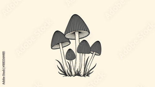 Detailed black and white engraving style illustration of a cluster of forest mushrooms growing in the grass on a vintage background.