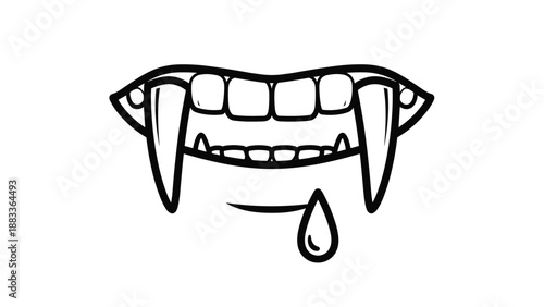 Scary vampire fangs and mouth illustration with a single drop of red blood dripping for halloween theme on a white background.