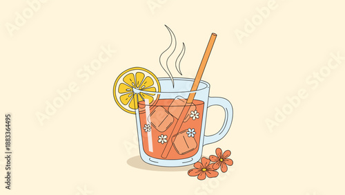 Glass mug filled with a warm orange beverage garnished with a lemon slice and flowers with steam rising and a drinking straw.