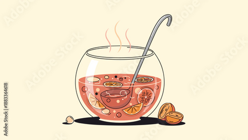 Large glass punch bowl filled with a red drink and fruit slices with a metal ladle and orange pieces on a warm background.