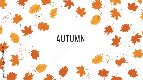 Scattered maple and oak leaves in shades of orange and brown surrounding the central word autumn on a white background.