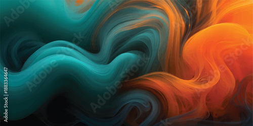 Smoke Background Abstract with Orange and Teal Color Effect on Dark Black Backdrop for Creative Graphics