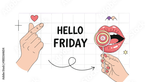 Creative collage with hello friday text heart hand sign lips and a lollipop for a fun and stylish weekend greeting.