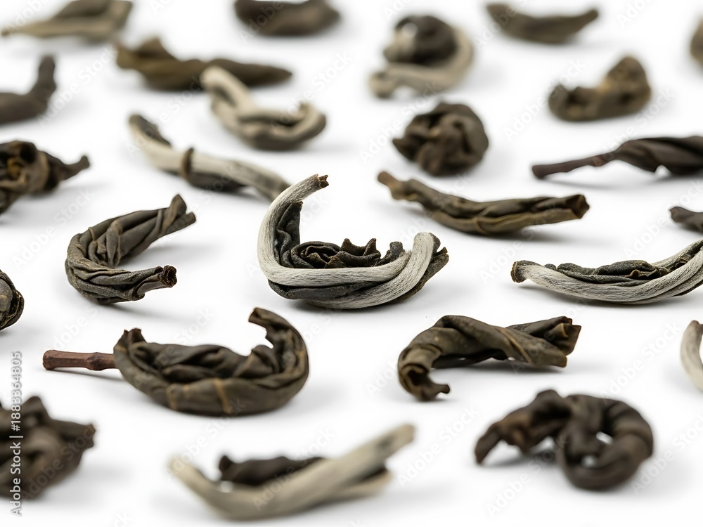 Obraz premium Close-up of Dried Green Tea Leaves on White Backdrop, Artistic Display