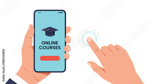 Hand holding a smartphone displaying an online courses app with a graduation cap icon for digital education concepts.
