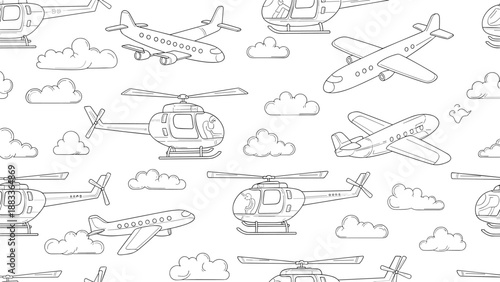 Black and white seamless pattern of airplanes and helicopters flying through clouds for travel and aviation themes.