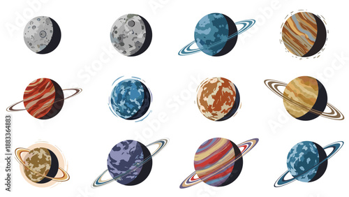 Comprehensive collection of various planets and moons with rings and surface details for space and astronomy science.